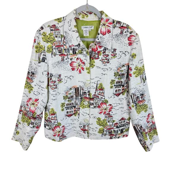 Coldwater Creek Linen Blend Cityscape Floral Button Up Collared Blazer Size L - Picture 1 of 5